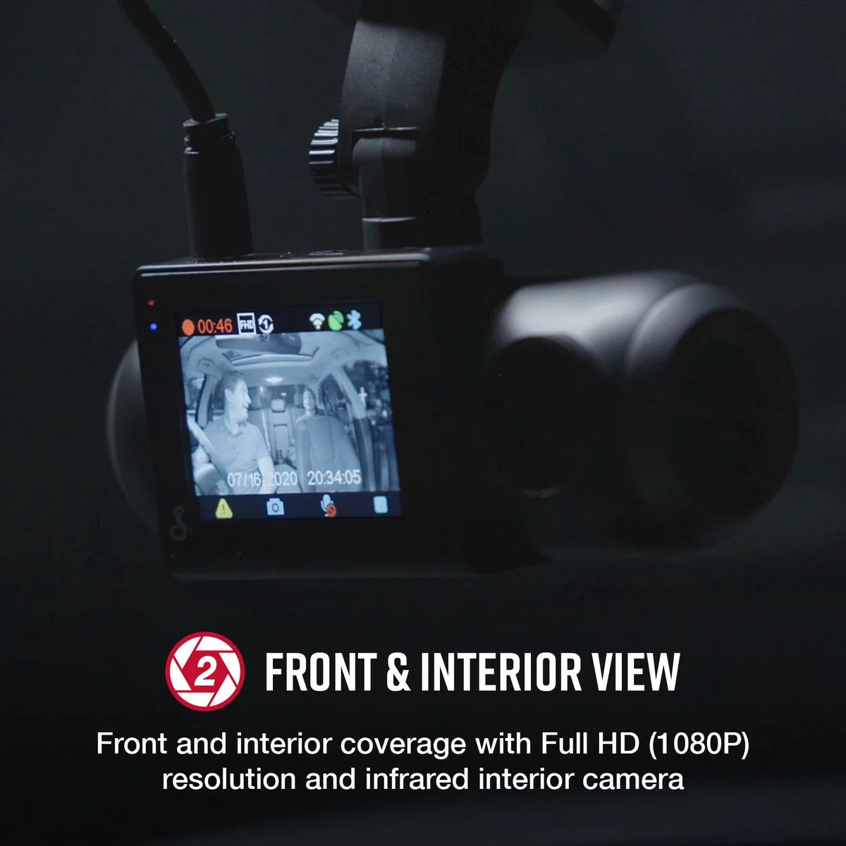 SC 201 1080P Dash Cam + Interior Night Vision Cam, Live Alerts, Carplay Compatible Dash Camera